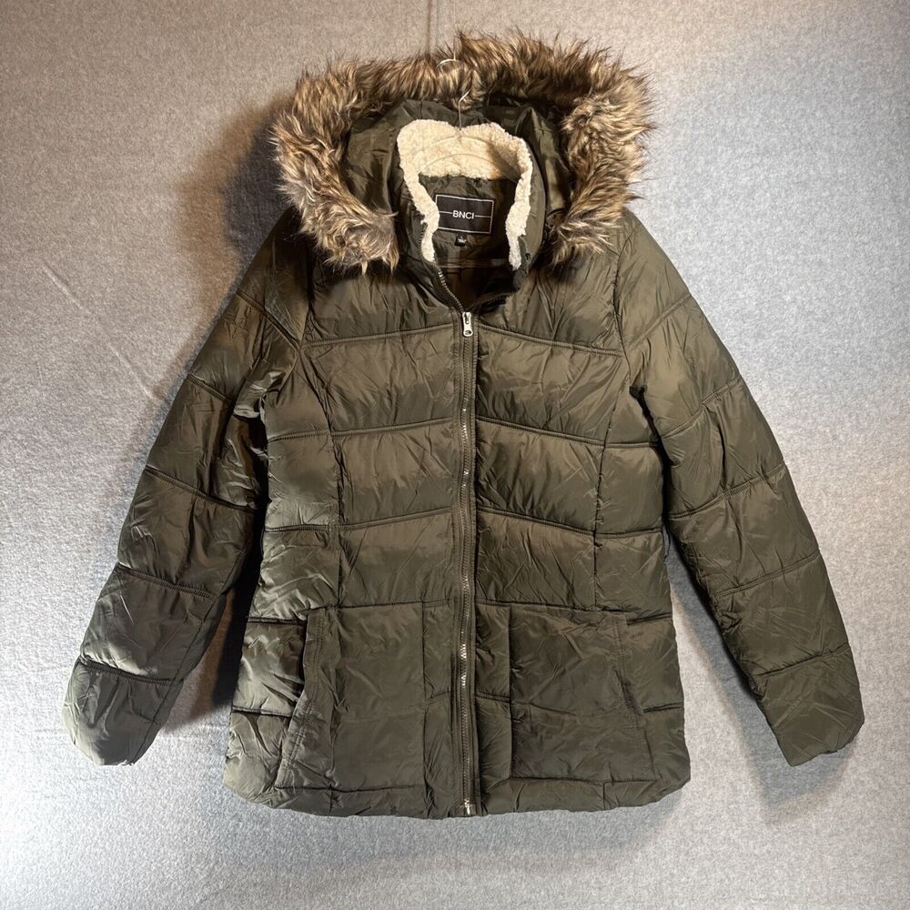 BNCI Women's Faux- Fur Trim Hood Front Zip Brown‎ Puffer Jacket Sz L VTG